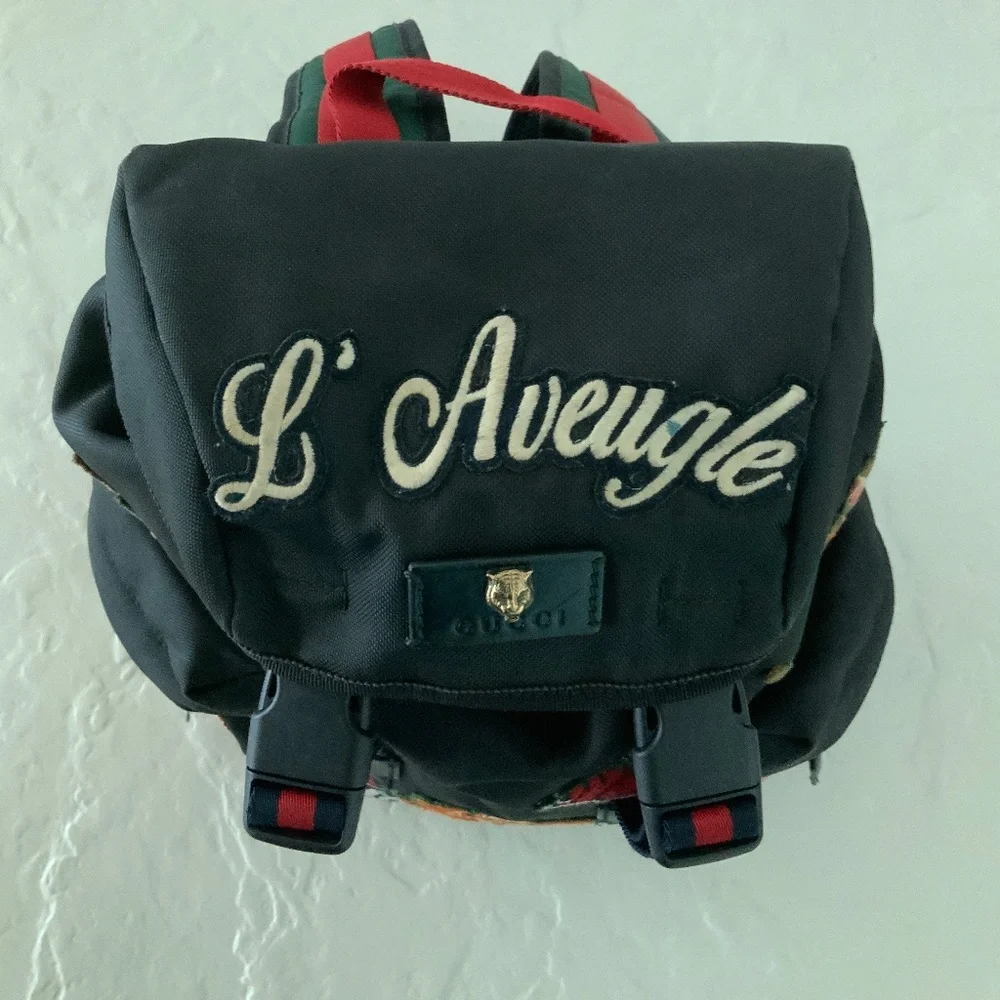 GUCCI L'Aveugle Par Amour Embroidered Canvas Backpack Black AUTHENTIC + Dustbag - Picture 2 of 16